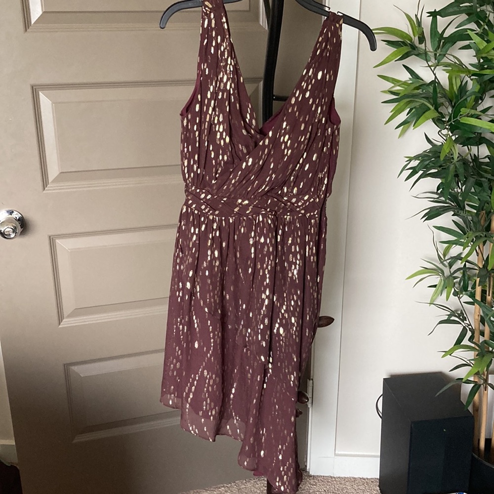 ⭐️silk eggplant dress with gold accents, asymmetrical flowy hem ⭐️